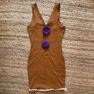 Gingerbread Woman Brown Sleeveless Dress with hand Crocheted Purple Accents